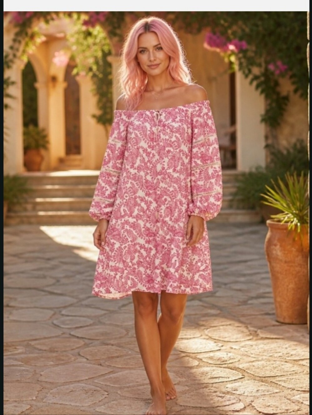 Women's Pink Floral Off-Shoulder Midi Dress